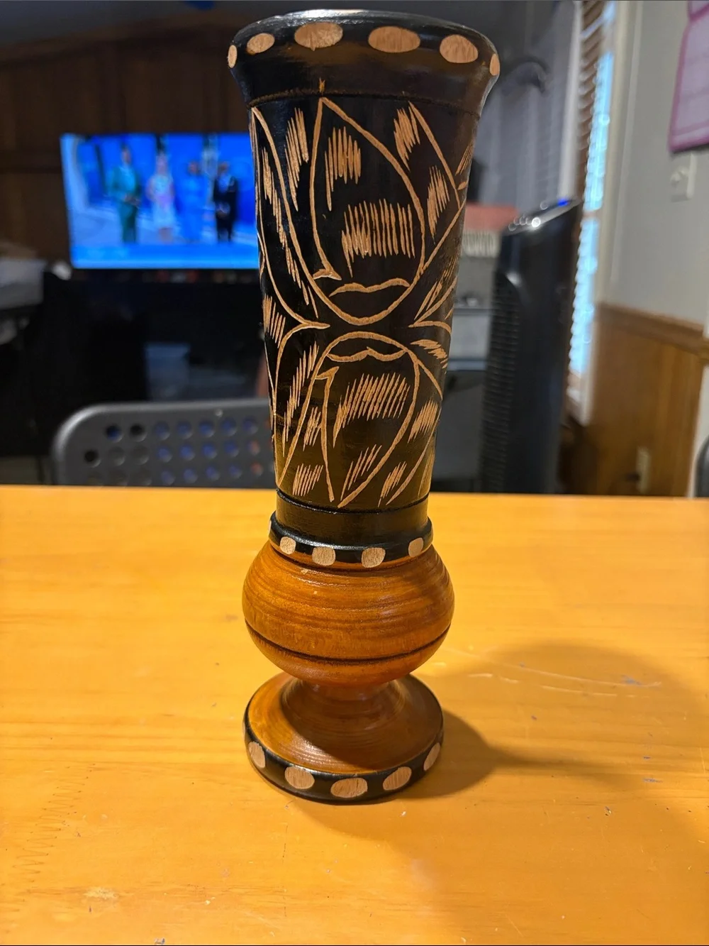 Black and Natural Vintage Wood Floral Carved Decorative Vase 10”